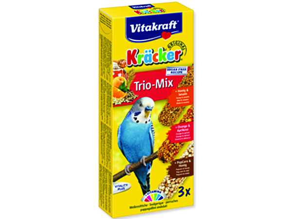 Tyčinky Vitakraft Kracker Trio Mix andulka, s medem, pomeranči a popcornem 3ks