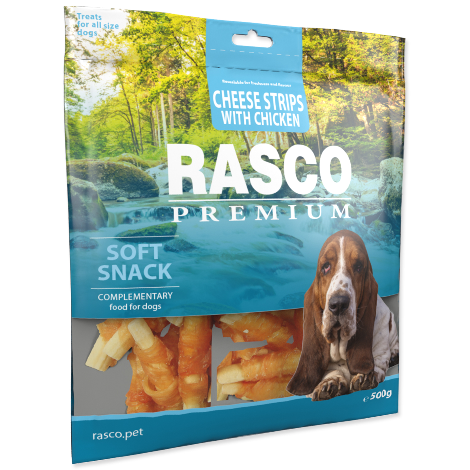 Pochoutka RASCO Premium proužky sýru obalené kuřecím masem 500g