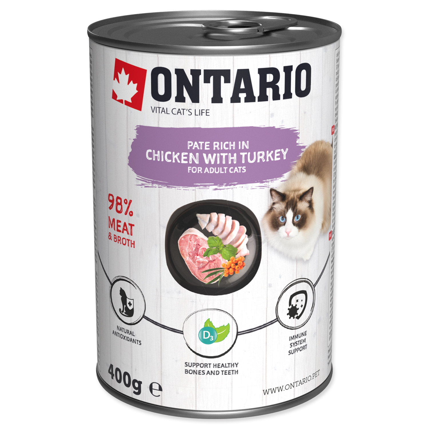 Konzerva ONTARIO Chicken with Turkey flavoured with Sea Buckthorn 400g