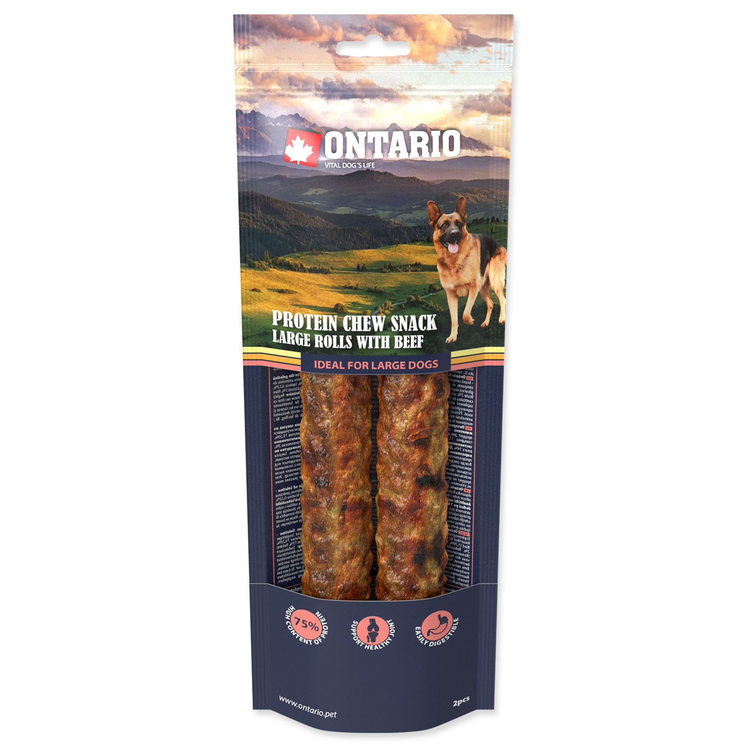ONTARIO Protein žvýkací pamlsek velká rolka s hovězím 2 ks 25,4cm
